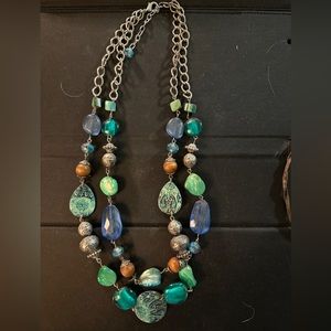 Teal Blue Double Strand Necklace Lucite & Shell Beaded Design Adjustable Gold